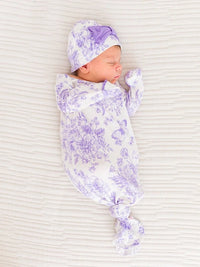 RUFFLEBUTTS WISTERIA PURPLE BUTTERFLY GARDEN TOILE RUFFLE KNOTTED SLEEP GOWN & HAT SET