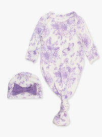 RUFFLEBUTTS WISTERIA PURPLE BUTTERFLY GARDEN TOILE RUFFLE KNOTTED SLEEP GOWN & HAT SET