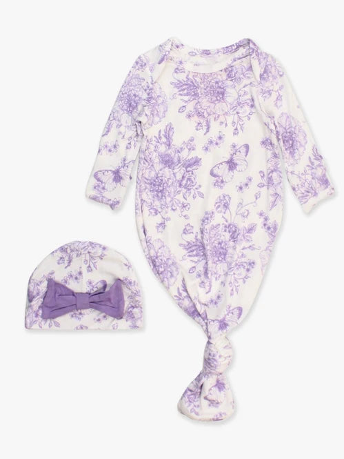 RUFFLEBUTTS WISTERIA PURPLE BUTTERFLY GARDEN TOILE RUFFLE KNOTTED SLEEP GOWN & HAT SET