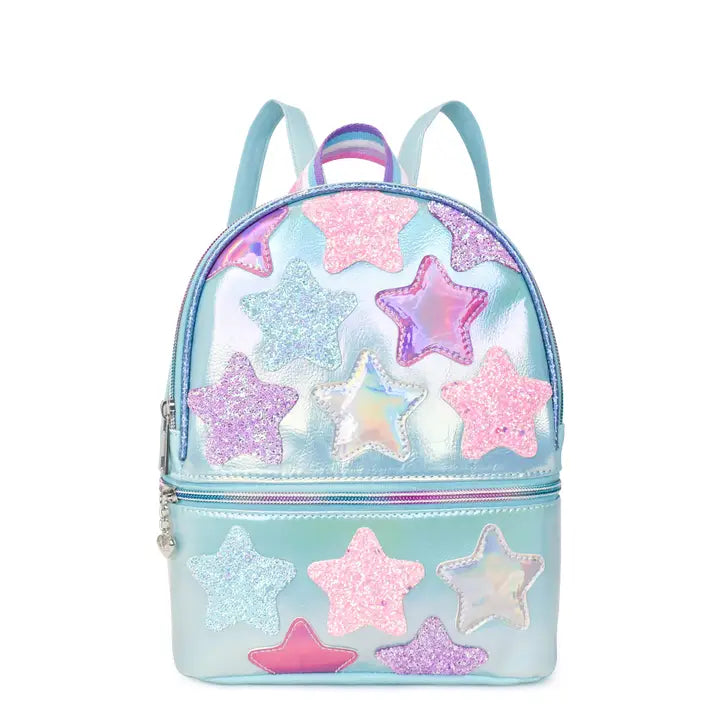 OMG ACCESORIES STAR PATCHED METALLIC LIGHT BLUE MINI BACKPACK