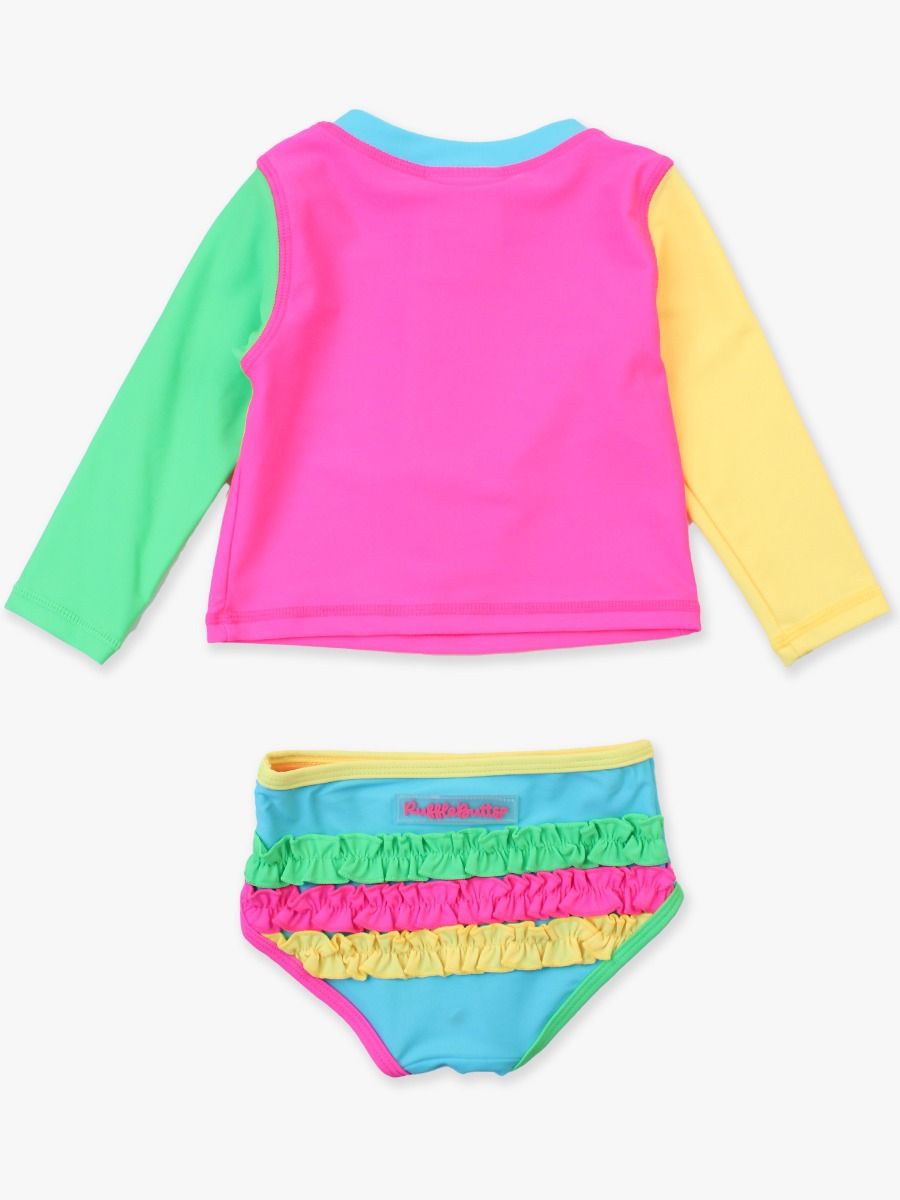 NEON COLORBLOCK LONG SLEEVE ZIPPER RASHGUARD TWO PIECE SWIMSUIT