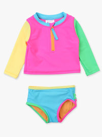 NEON COLORBLOCK LONG SLEEVE ZIPPER RASHGUARD TWO PIECE SWIMSUIT