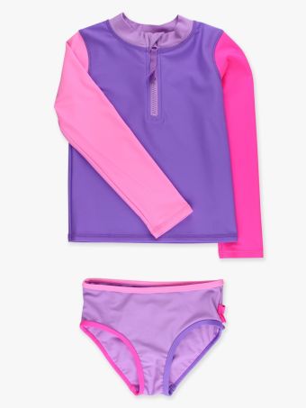 NEON COLORBLOCK LONG SLEEVE ZIPPER RASHGUARD TWO PIECE SWIMSUIT PURPLE