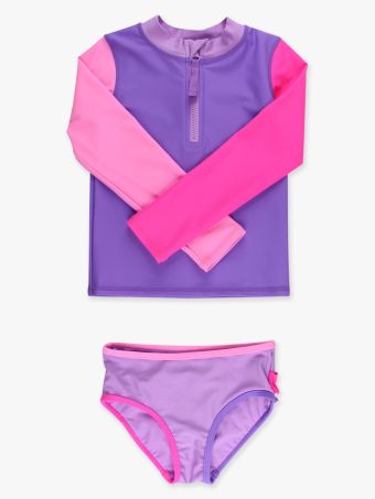 NEON COLORBLOCK LONG SLEEVE ZIPPER RASHGUARD TWO PIECE SWIMSUIT PURPLE