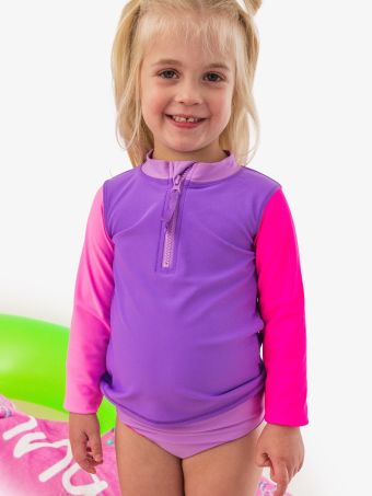 NEON COLORBLOCK LONG SLEEVE ZIPPER RASHGUARD TWO PIECE SWIMSUIT PURPLE