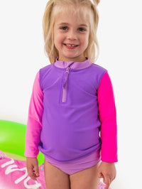 NEON COLORBLOCK LONG SLEEVE ZIPPER RASHGUARD TWO PIECE SWIMSUIT PURPLE