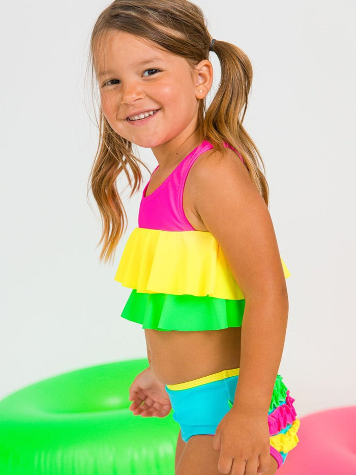 NEON COLORBLOCK FLOUNCE BIKINI TWO PIECE SWIMSUIT