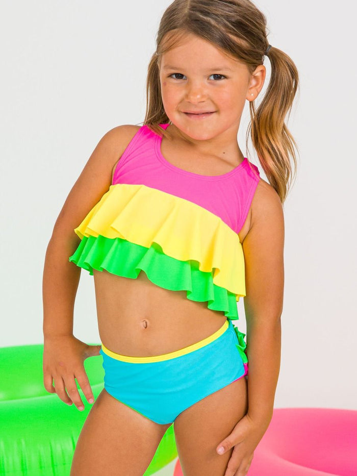 NEON COLORBLOCK FLOUNCE BIKINI TWO PIECE SWIMSUIT