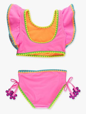 NEON PINK CROCHET DETAIL BUTTERFLY TANKINI