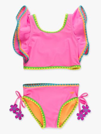 NEON PINK CROCHET DETAIL BUTTERFLY TANKINI