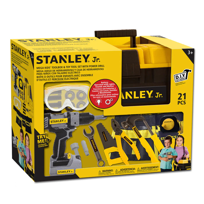Stanley Jr. toy tool set packaging with tools and children on a white background