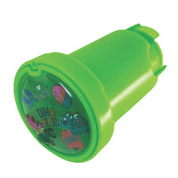 Green plastic container with colorful designs on a white background