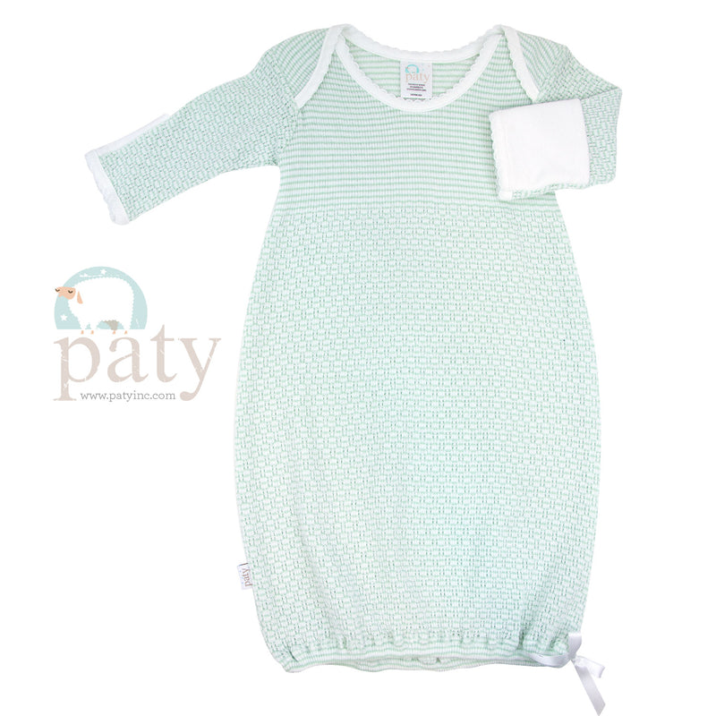 PATY LS LAP SHOULDER GOWN MINT WITH WHITE TRIM WHITE BOW NEWBORN
