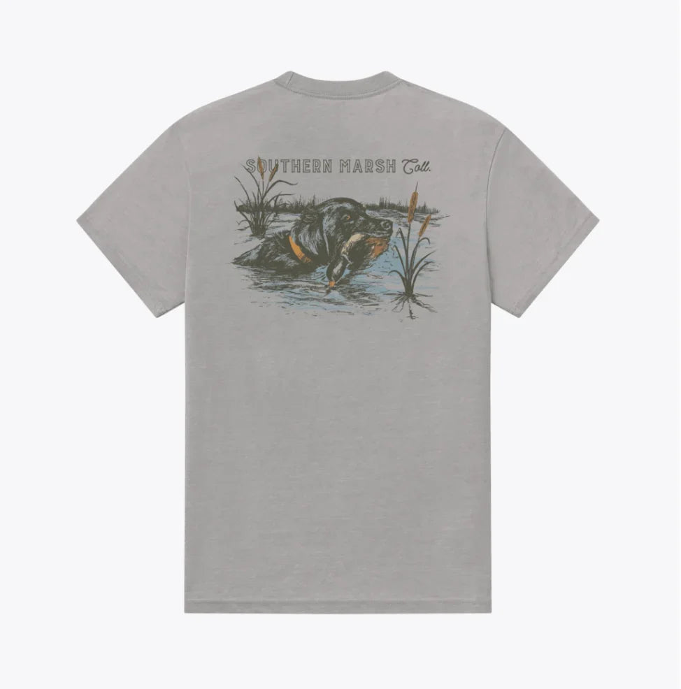 A light gray heather crewneck t-shirt shown from the back, featuring a graphic print of a muskrat in a marsh with the text 'SOUTHERN MARSH TAIL' above it.
