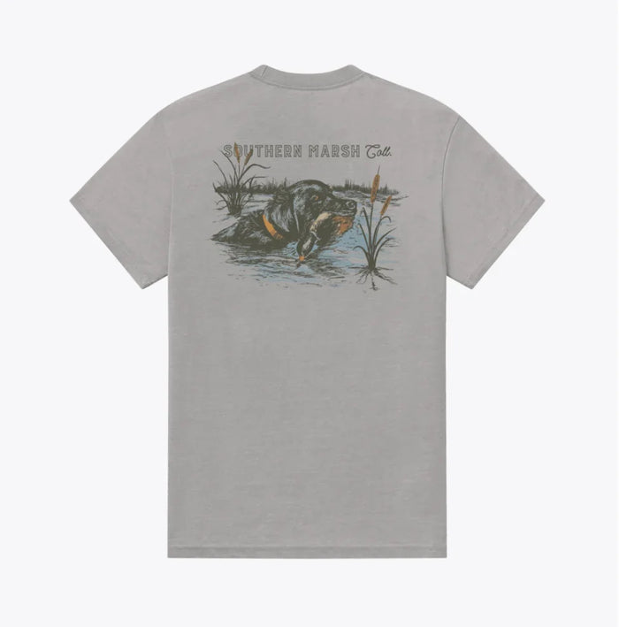 A light gray heather crewneck t-shirt shown from the back, featuring a graphic print of a muskrat in a marsh with the text 'SOUTHERN MARSH TAIL' above it.