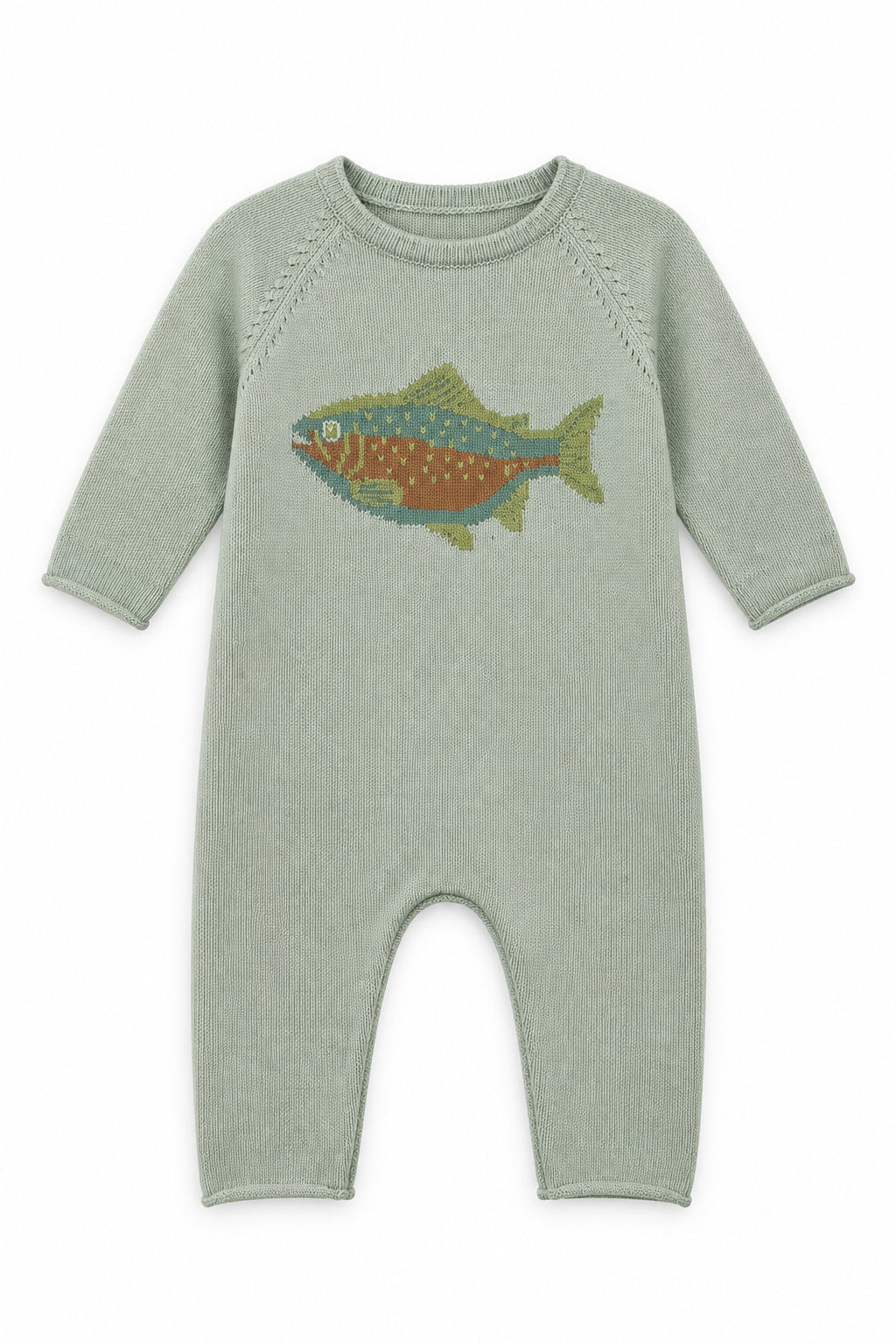 A baby knit one-piece romper in a pale sage green, featuring a colorful embroidered fish on the chest. 
