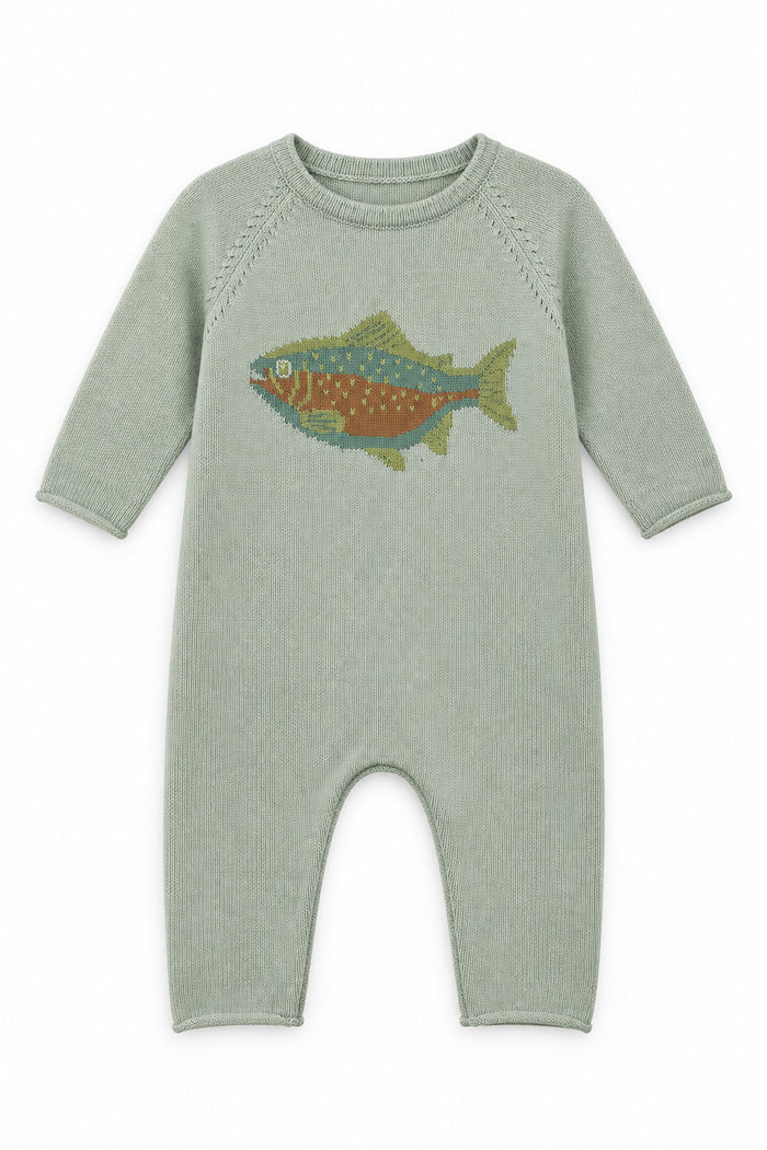 A baby knit one-piece romper in a pale sage green, featuring a colorful embroidered fish on the chest. 