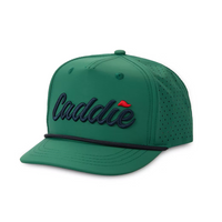 Green baseball cap with 'Caddie' logo on a white background