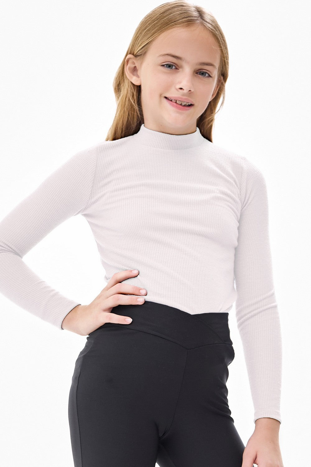 GOOD GIRL THERMAL KNIT MOCK NECK BASIC TOP OFF WHITE