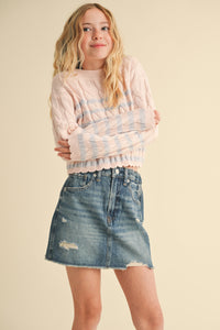 HEART AND ARROW CABLE KNIT STRIPED BOXY CROPPED SWEATER