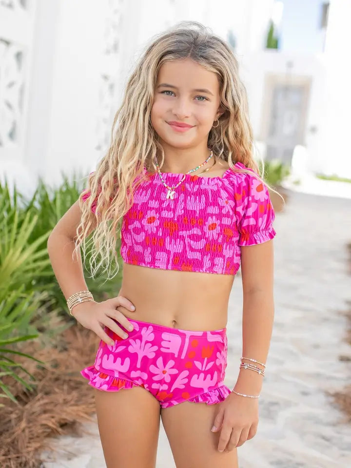 EMMA MODERN FLOWER HOT PINK RUCHED TWO PIECE