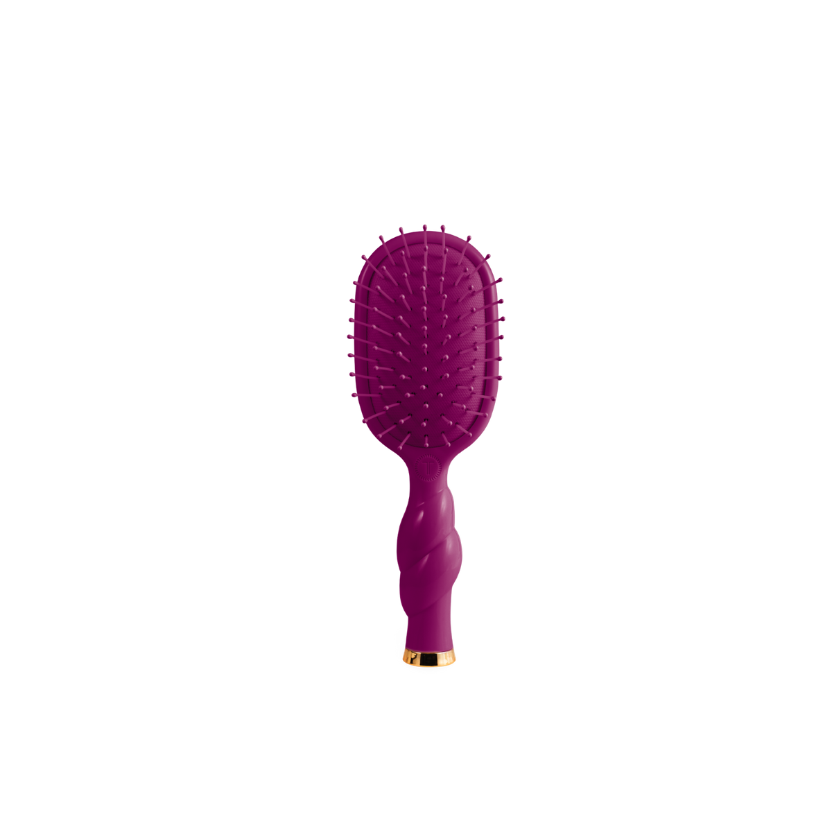 A purple oval hairbrush with a twisted handle and a small gold accent at the base, shown against a plain white background.