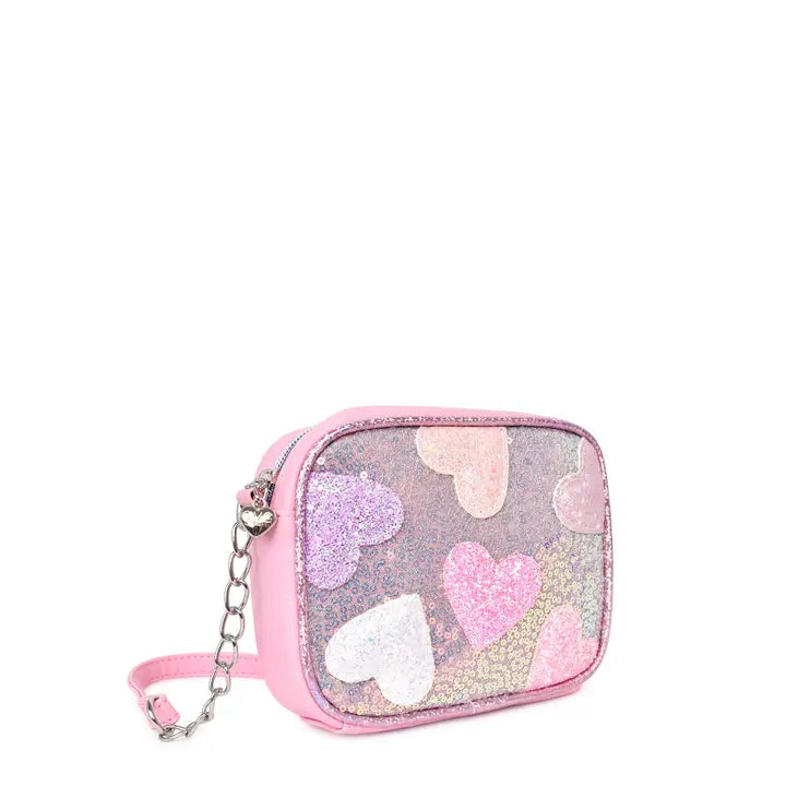 OMG ACCESORIES GLITTER HEART PATCH PINK CROSSBODY