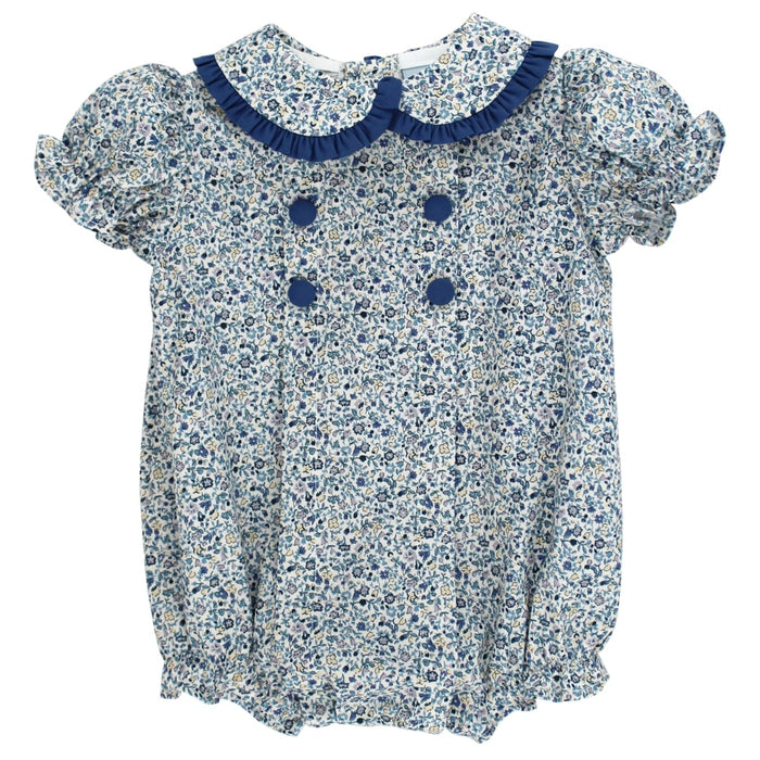 Baby romper with floral pattern and blue trim on a white background