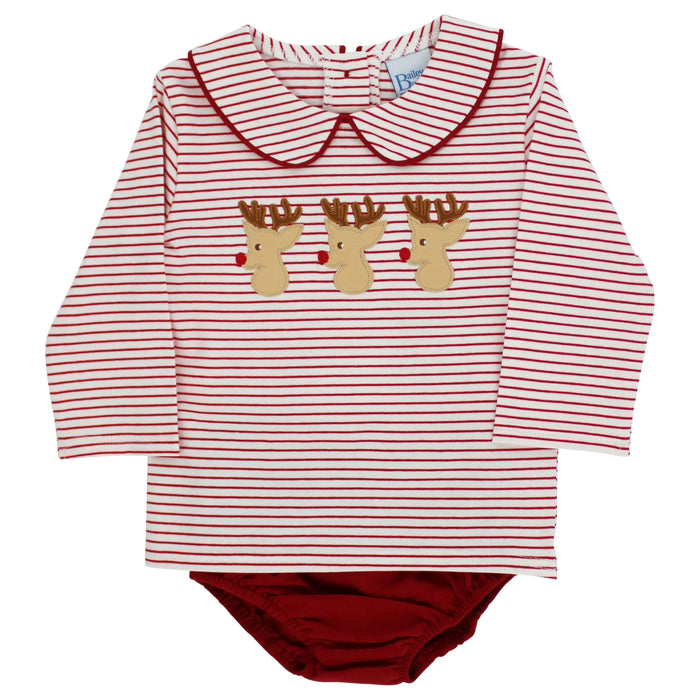 A baby long-sleeve bodysuit with red and white horizontal stripes, featuring three embroidered reindeer motifs across the chest and a solid red collar. It includes a matching red bloomers bottom and is displayed on a clean white background.