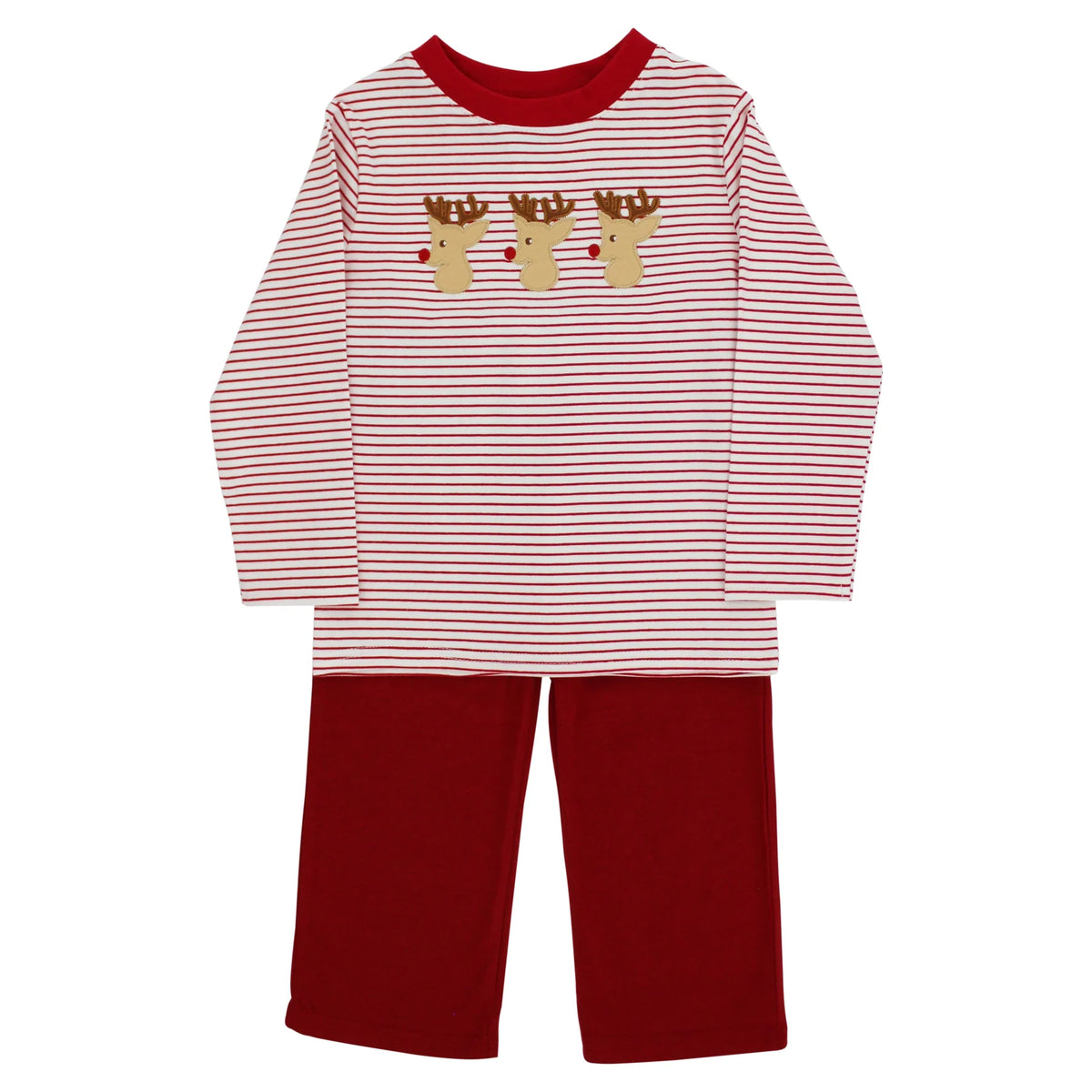 Children's pajama set with red and white striped shirt and red pants on a white background
