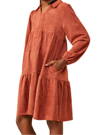 Girls Open Collar Vegan Suede Swing Dress