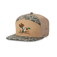Camouflage and beige cap with duck design on a white background