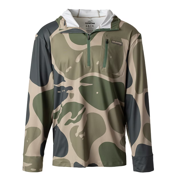 Camouflage hoodie with a brand logo on a white background