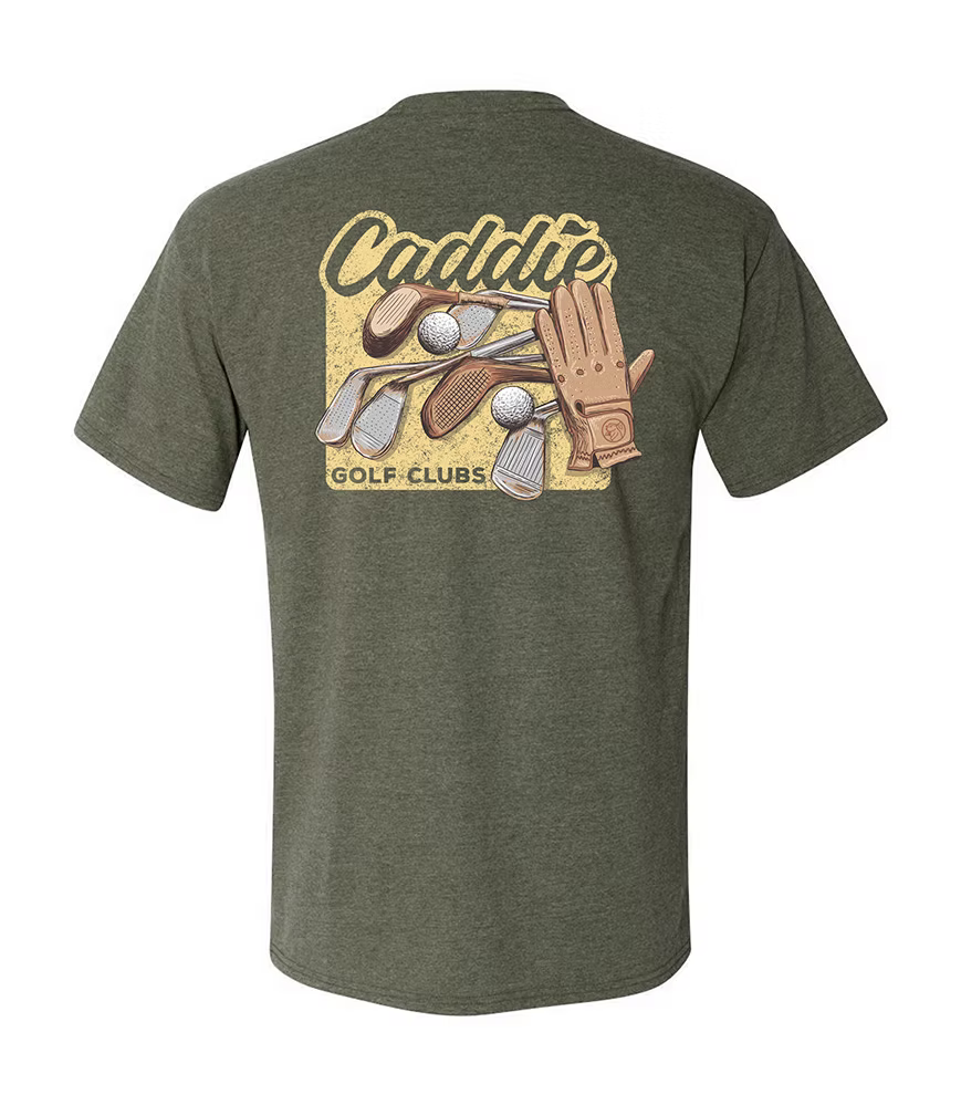 An olive green heather t-shirt shown from the back, featuring a large graphic print of golf clubs, a glove, and the words 'Caddie GOLF CLUBS' on a sandy yellow background.