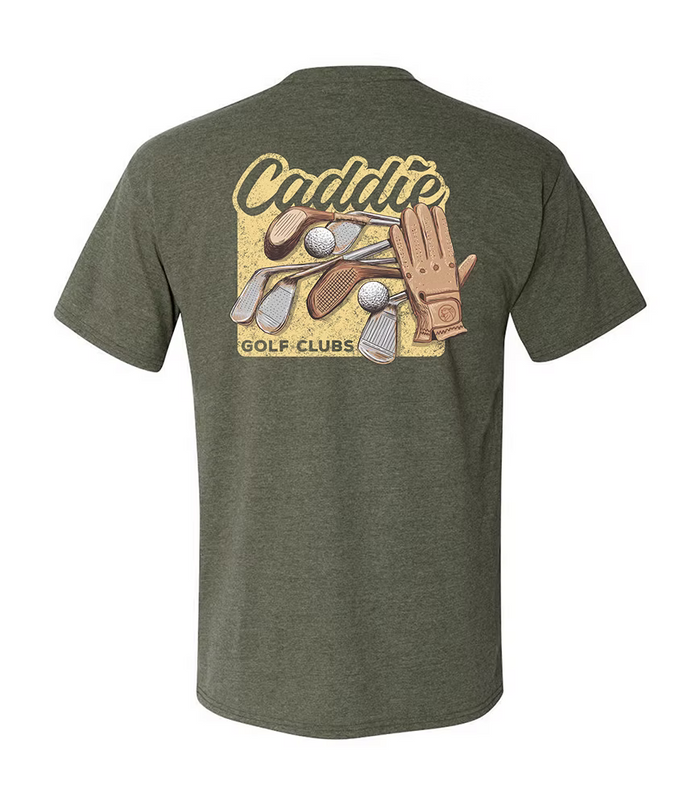 An olive green heather t-shirt shown from the back, featuring a large graphic print of golf clubs, a glove, and the words 'Caddie GOLF CLUBS' on a sandy yellow background.
