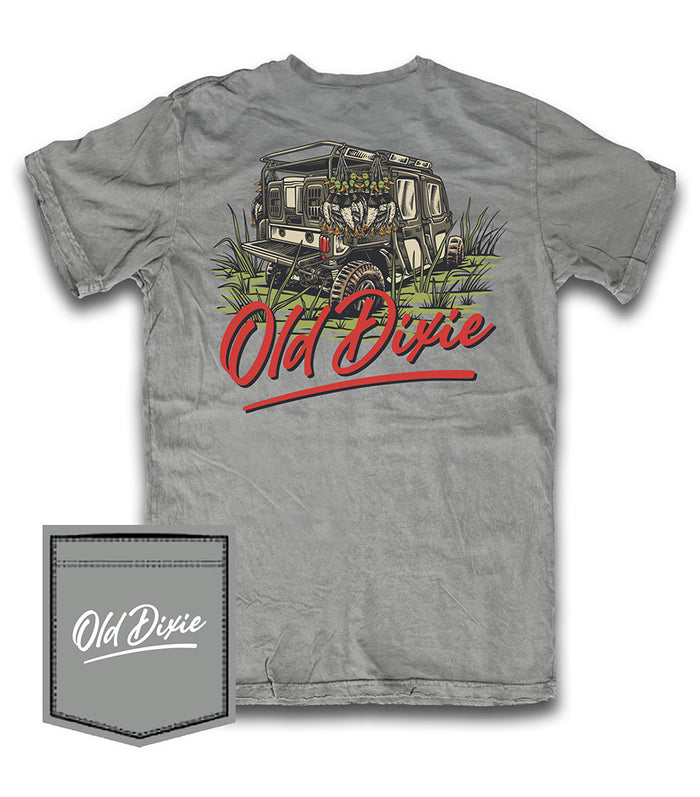 A heather gray short-sleeve t-shirt featuring a back graphic of a vintage off-road vehicle with the text 'Old Dixie' in red script. A matching gray fabric pocket graphic with the 'Old Dixie' logo is shown in the bottom-left corner on a white background.