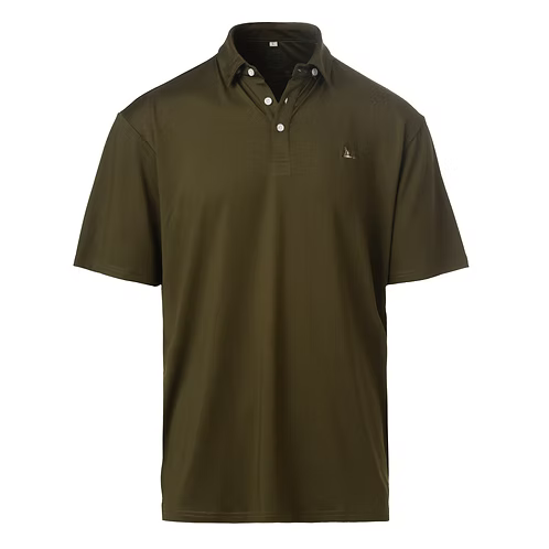 An olive green short-sleeve polo shirt with a buttoned collar and a small embroidered logo on the left chest, displayed on a clean white background.