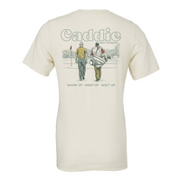 The back of an off-white t-shirt featuring a golf-themed graphic print with the text 'Caddie Golf Company' and 'SHOW UP • KEEP UP • SHUT UP' above and below an illustration of two golfers on a course.