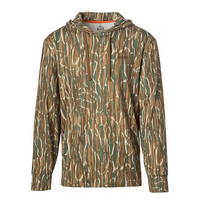 A hooded long-sleeve shirt with an allover vertical bark camouflage pattern in brown, green, and beige, featuring a drawstring hood and a small embroidered logo on the left chest.