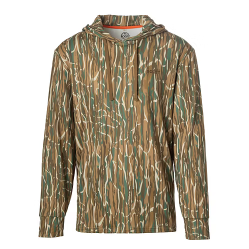 A hooded long-sleeve shirt with an allover vertical bark camouflage pattern in brown, green, and beige, featuring a drawstring hood and a small embroidered logo on the left chest.