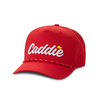 Red cap with 'Caddie' logo on a white background