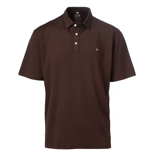 A dark brown short-sleeve polo shirt with a three-button placket and a small embroidered sailboat logo on the left chest, displayed on a clean white background.