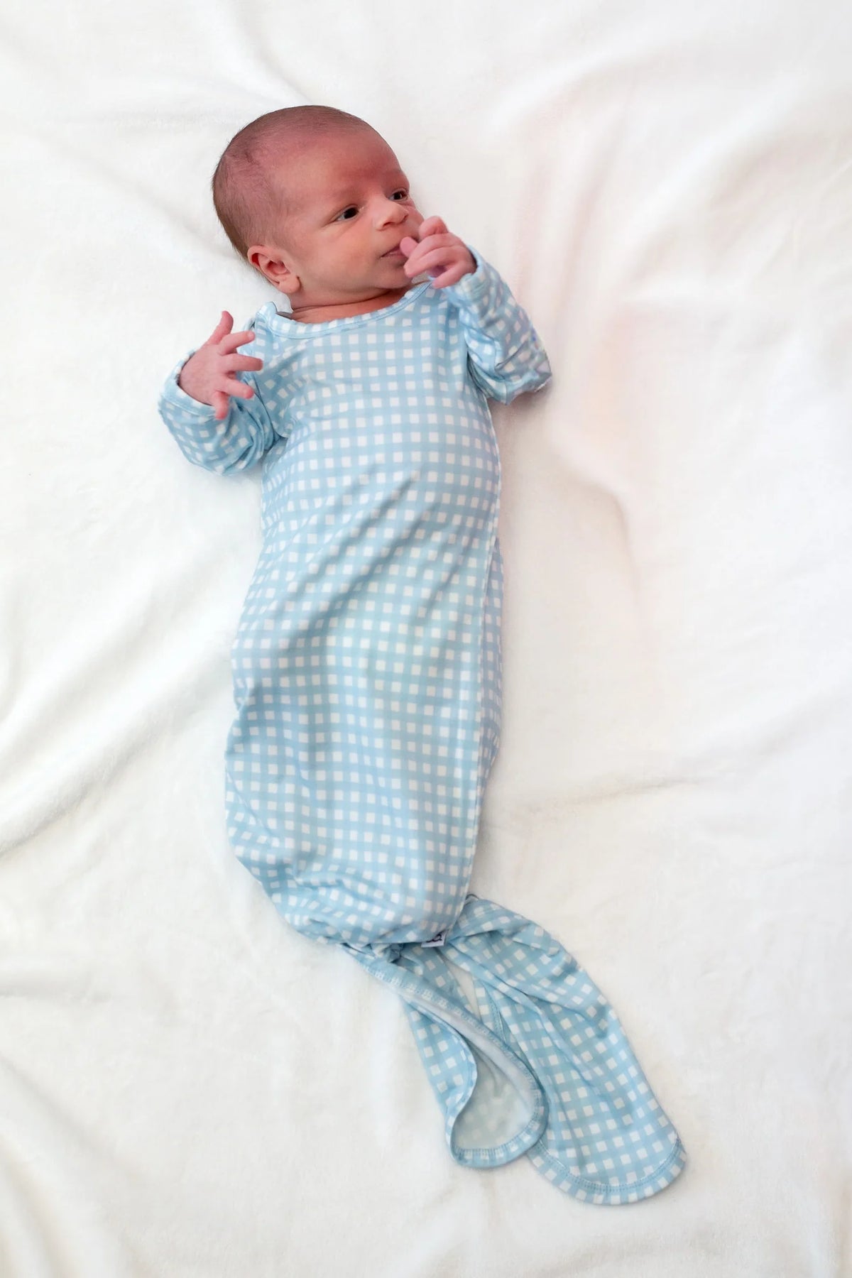 Knotted Infant Gown Gingham in Cottage Blue