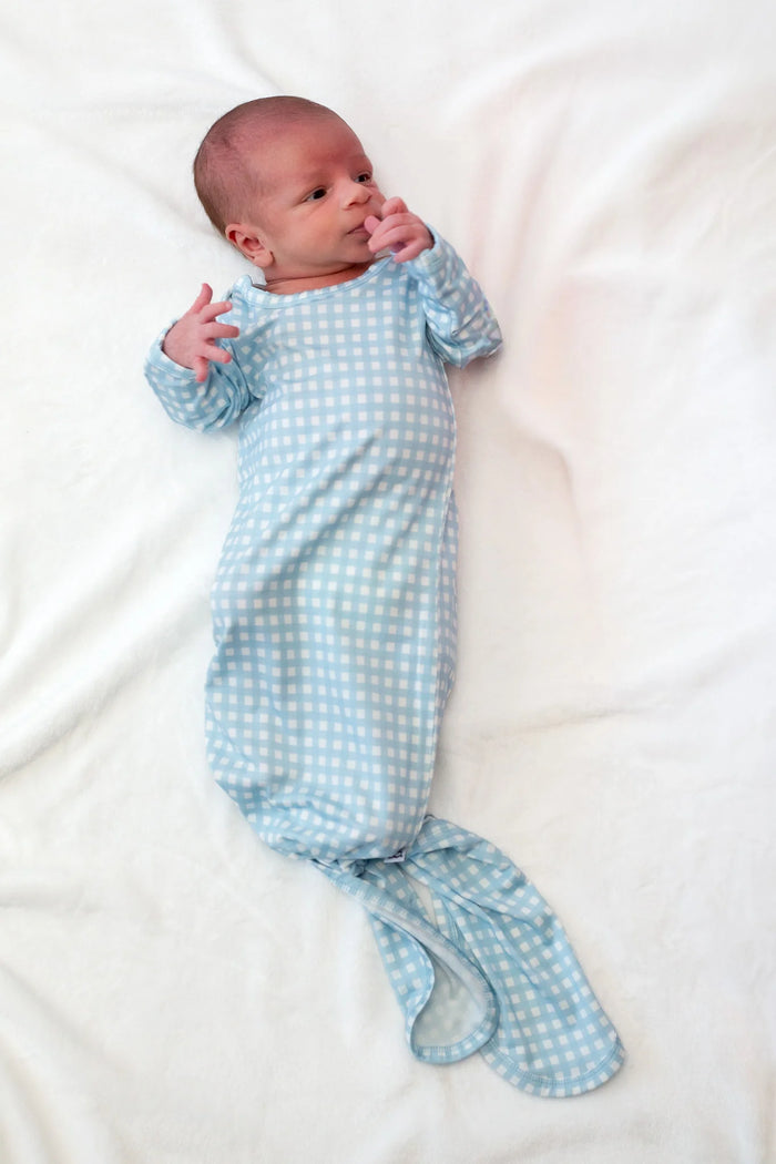 Knotted Infant Gown Gingham in Cottage Blue