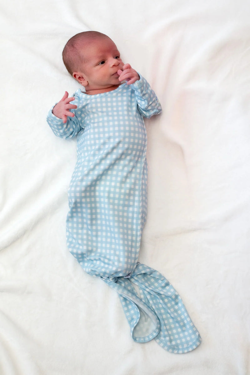 Knotted Infant Gown Gingham in Cottage Blue