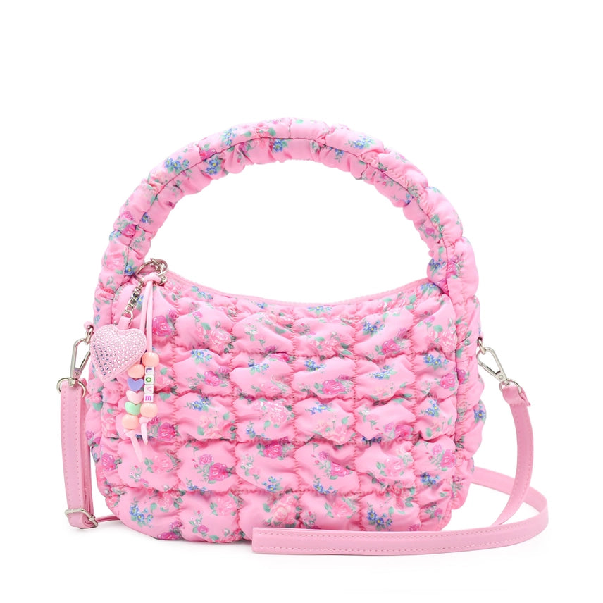 OMG ACCESORIES QUILTED SCRUNCHIES FLORAL MINI CROSSBODY PINK