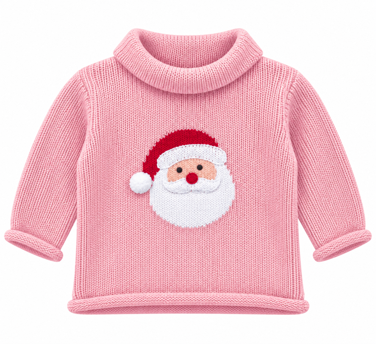 A pink ribbed knit baby sweater with a knitted Santa Claus face on the front, featuring a red hat, white beard, and red nose, shown on a plain white background.