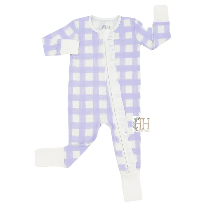 Purple Check Ruffle Double Zipper Romper