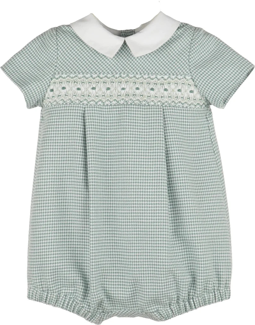 Green checkered baby romper with white collar on a white background