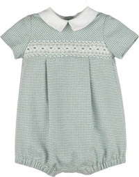 Green checkered baby romper with white collar on a white background